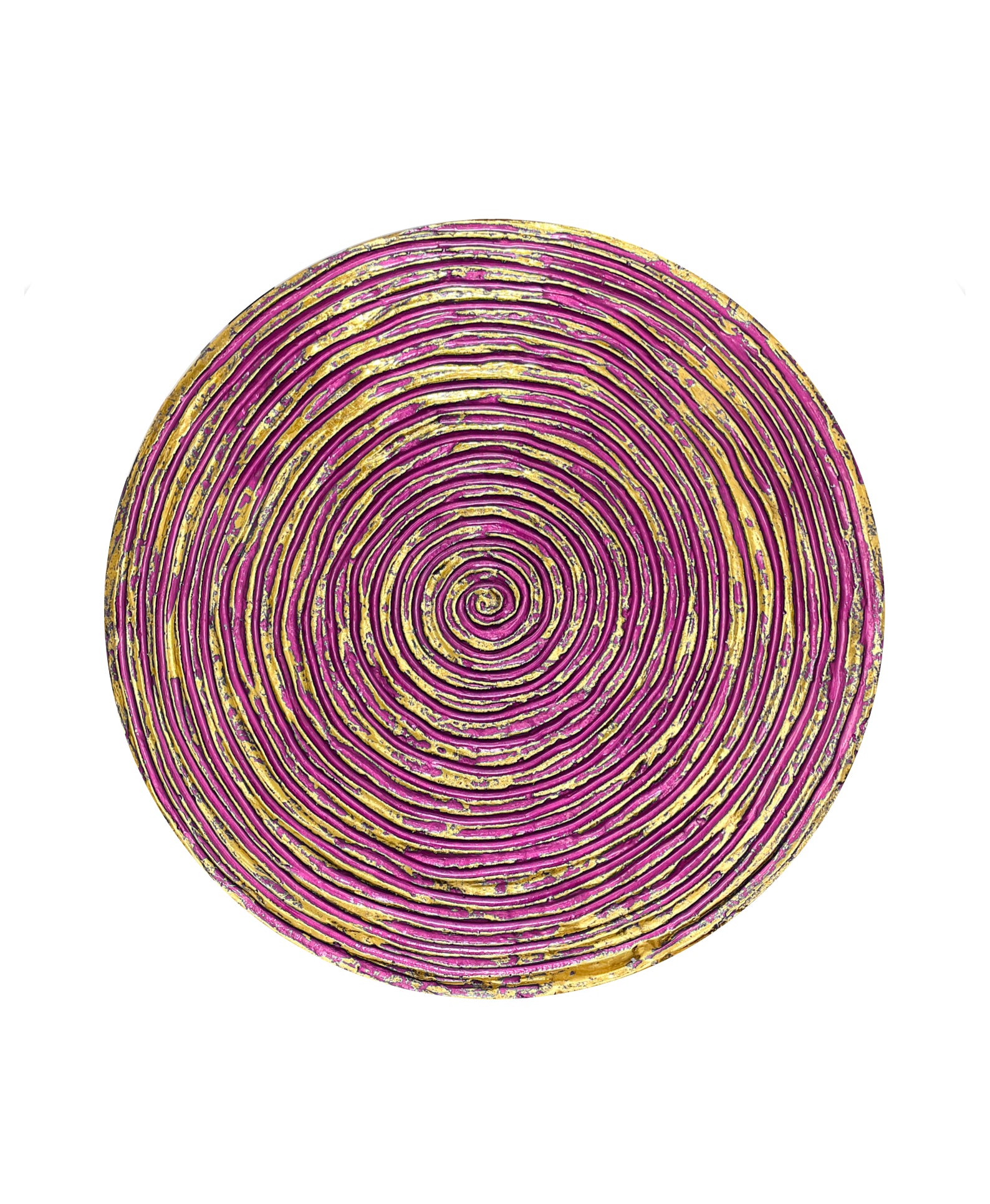 Round textured 3D spiral wall panel in intense rose with gold leaf finish
