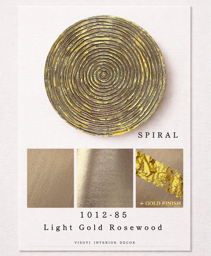 Detailed view of rosewood spiral wall panel highlighting warm texture and metallic gold leaf accents
