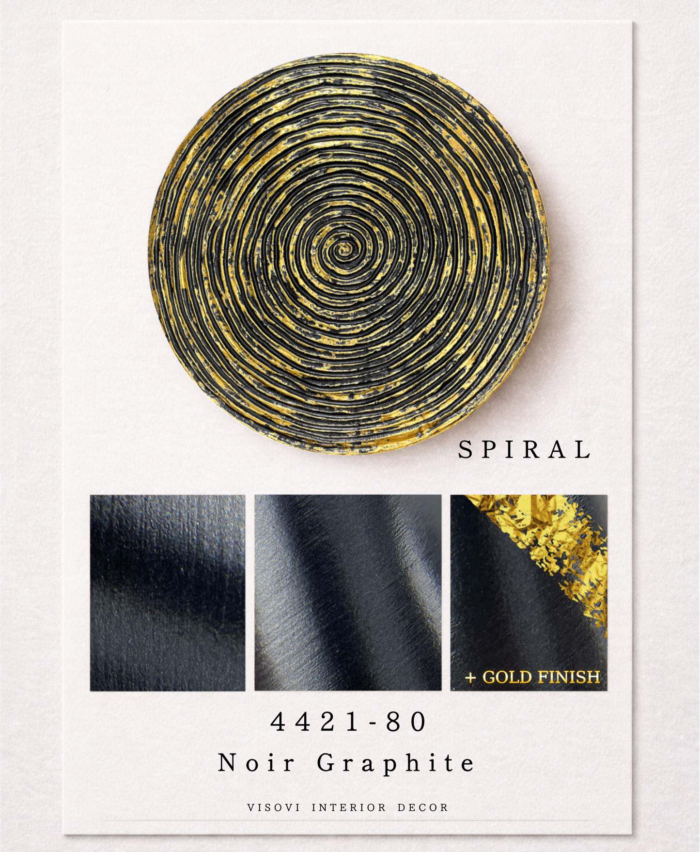Detailed view of graphite spiral wall panel highlighting dark texture and metallic gold leaf accents
