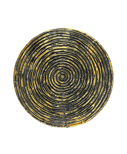 Round textured 3D spiral wall panel in noir graphite with gold leaf finish
