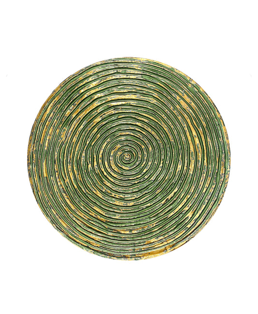 3D decorative spiral wall decor panel, deep green texture with metallic gold leaf accents