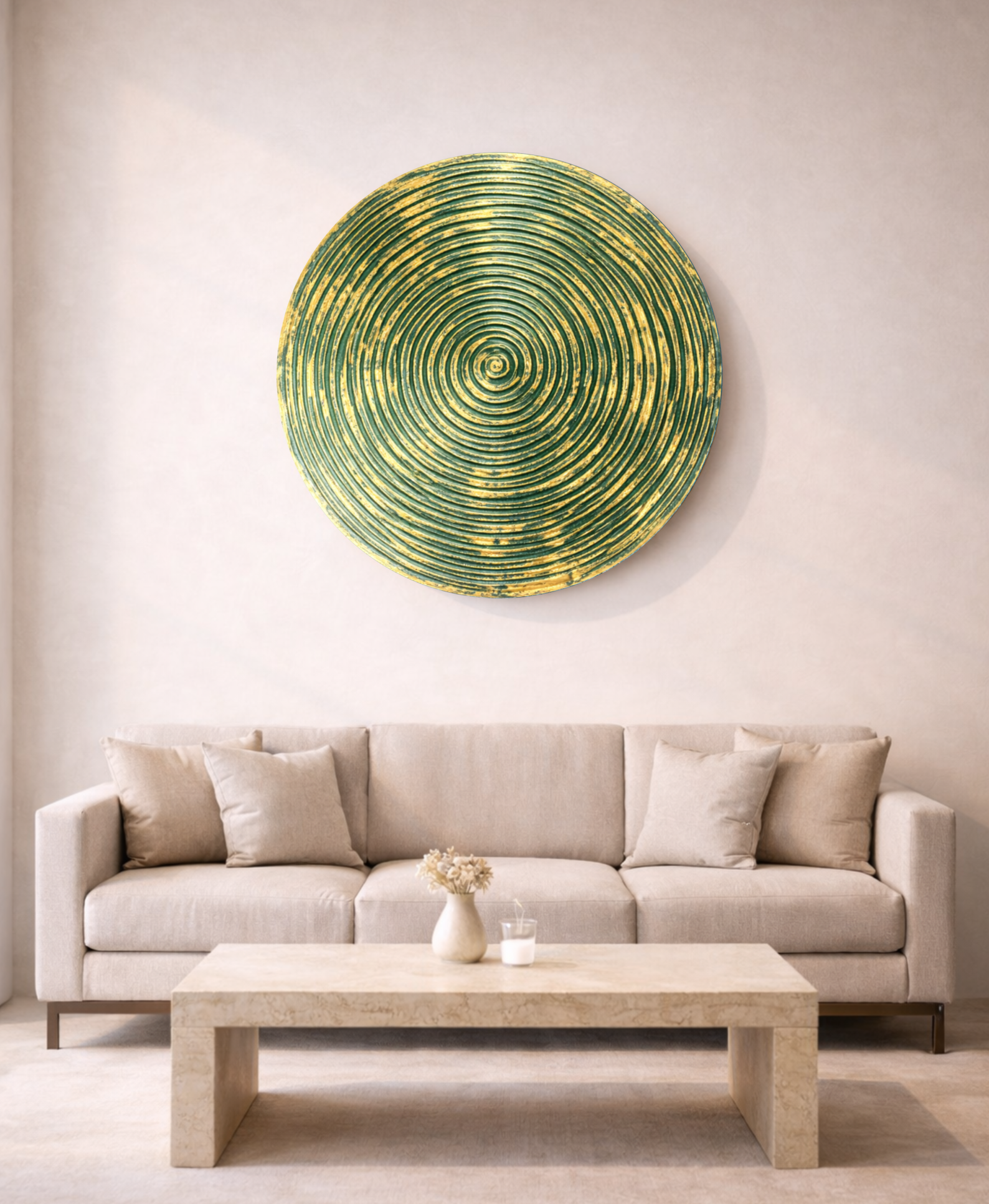 Round spiral wall art panel in green and gold displayed in modern interior