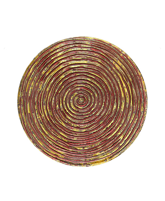 Round textured 3D spiral wall panel in sunset red with gold leaf finish
