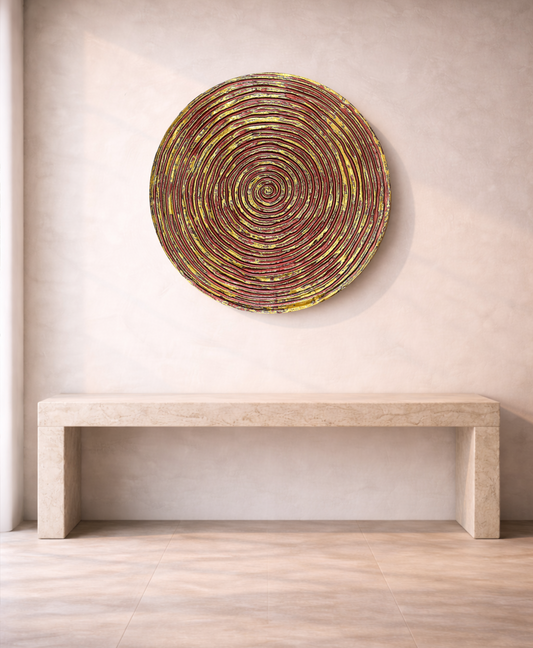 Decorative red and gold spiral wall decor panel for interiors, hotels and commercial spaces
