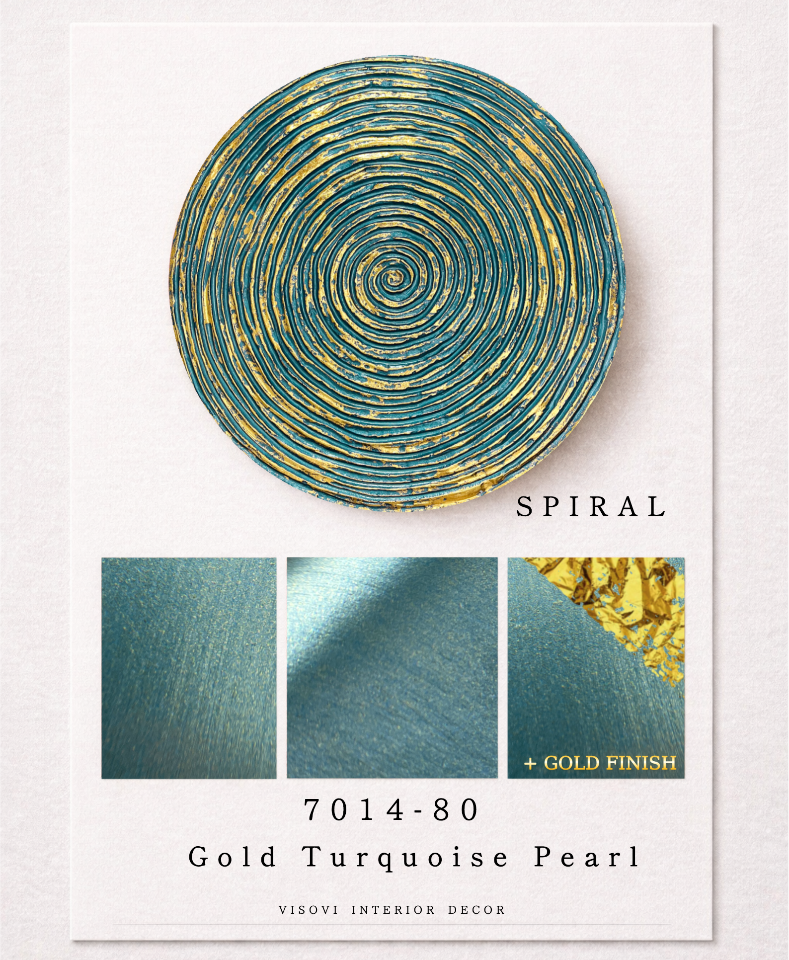 Detailed view of turquoise spiral wall panel highlighting pearl texture and metallic gold leaf accents
