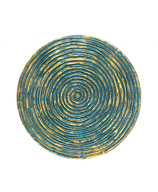 Round textured 3D spiral wall panel in turquoise pearl with gold leaf finish
