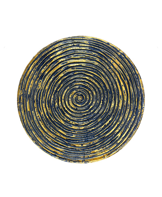 Round textured 3D spiral wall panel in twilight blue with gold leaf finish
