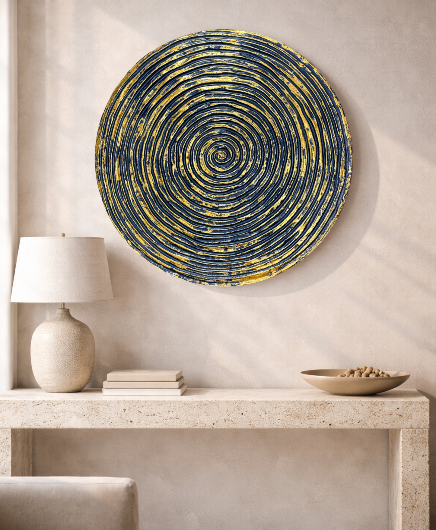 Decorative blue and gold spiral wall panel for modern interiors, hotels and commercial spaces
