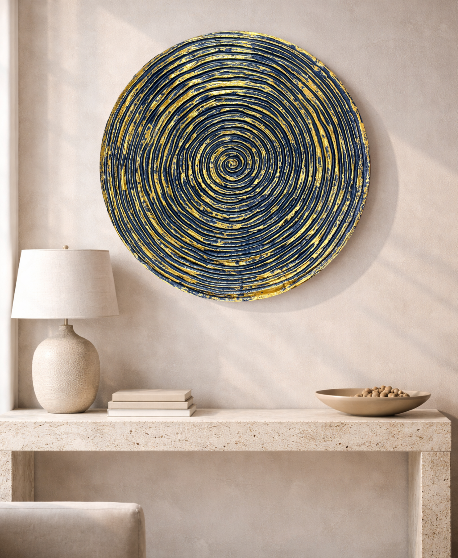 Decorative blue and gold spiral wall panel for modern interiors, hotels and commercial spaces
