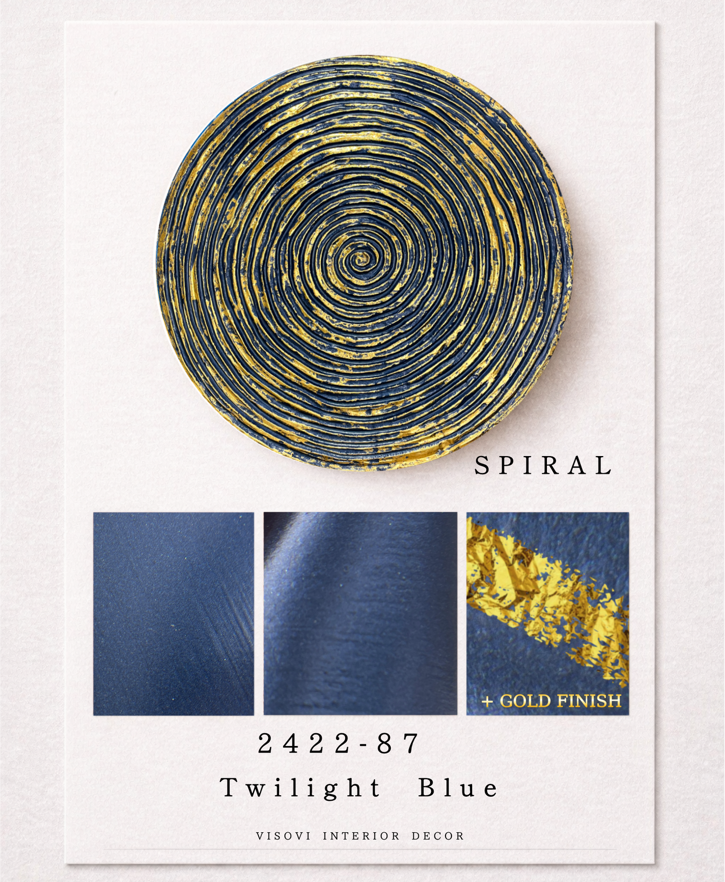 Detailed view of twilight blue spiral wall panel highlighting textured surface and gold leaf accents
