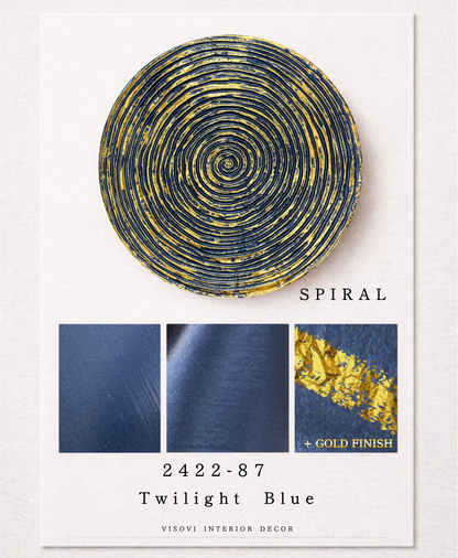 Detailed view of twilight blue spiral wall panel highlighting textured surface and gold leaf accents
